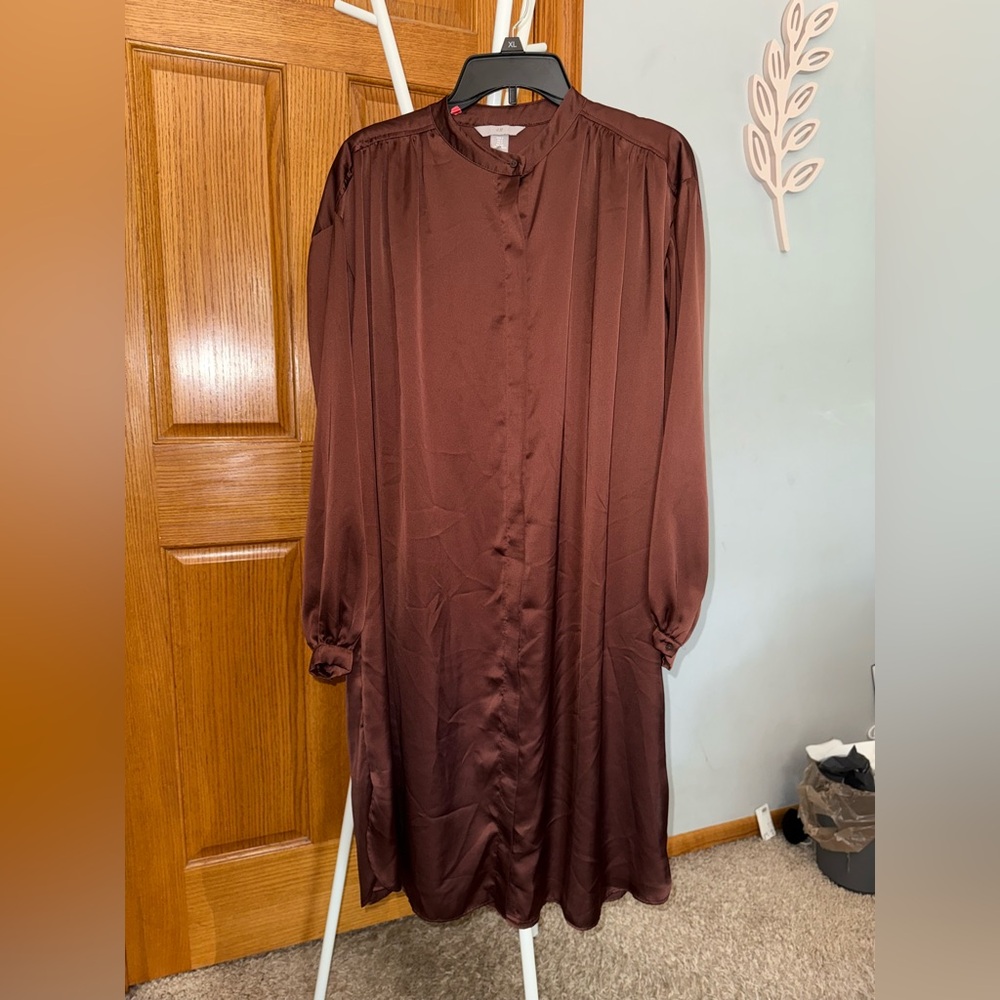 H&M Rich Chocolate Brown Satin Long Sleeve Mini Dress